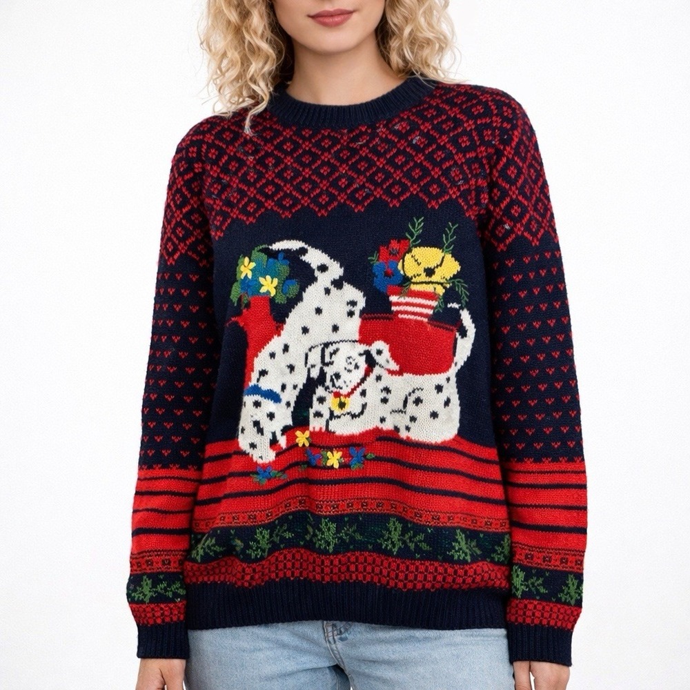 VTG Susan Bristol Hand Knit Sweater S Novelty Holiday Dalmation Dogs Whimsical